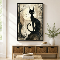 Black Cat Full Moon Ink Watercolor Canvas Wall Art