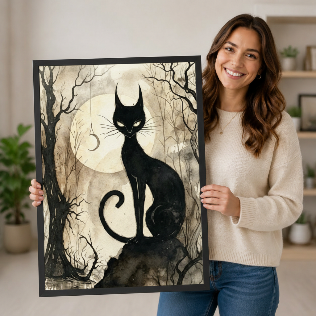 Black Cat Full Moon Ink Watercolor Canvas Wall Art