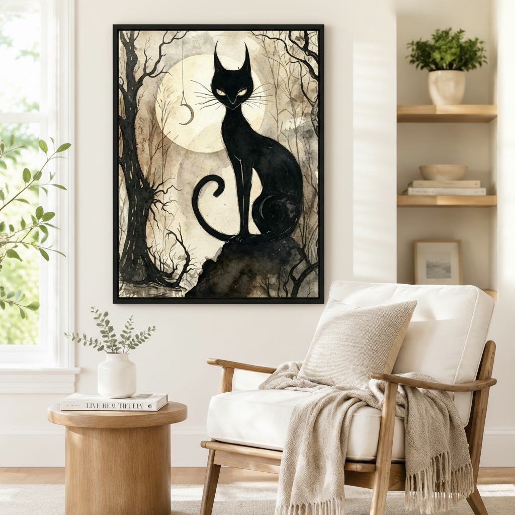 Black Cat Full Moon Ink Watercolor Canvas Wall Art