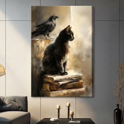 Black Cat Raven Ancient Books Dark Academia Canvas Art