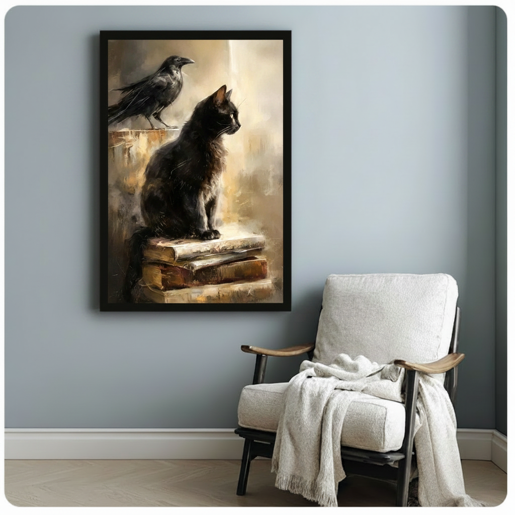 Black Cat Raven Ancient Books Dark Academia Canvas Art