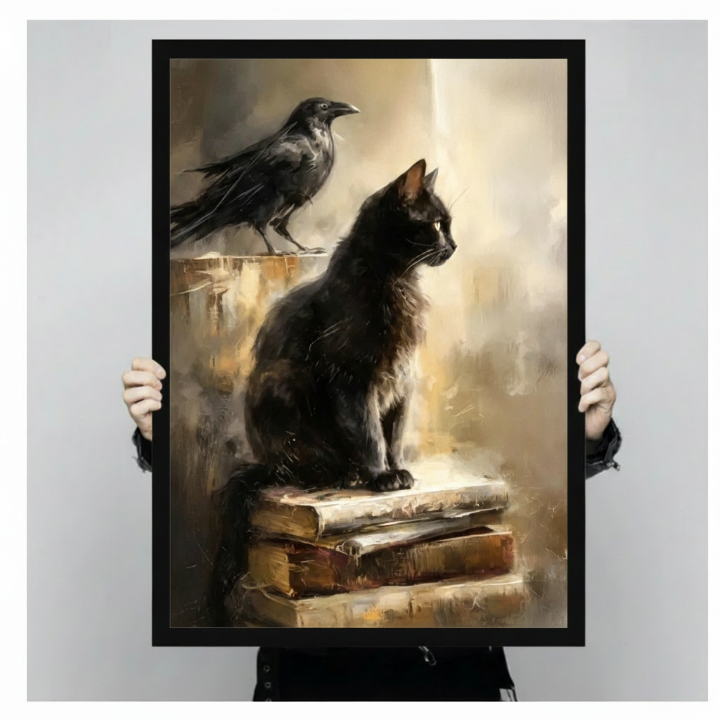 Black Cat Raven Ancient Books Dark Academia Canvas Art