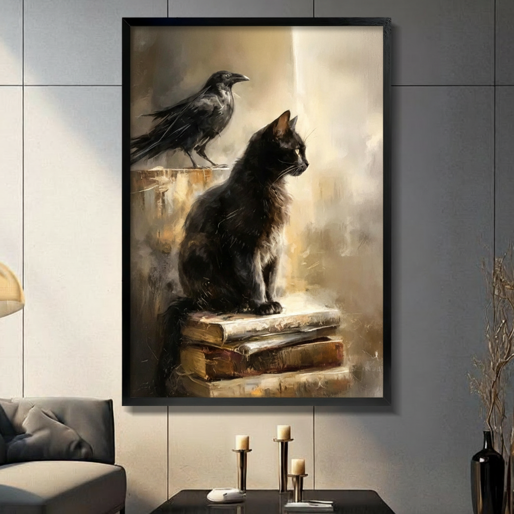 Black Cat Raven Ancient Books Dark Academia Canvas Art