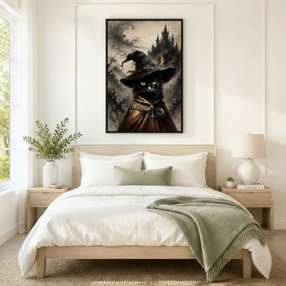 Gothic Black Cat Witch Framed Canvas Art Wall Art