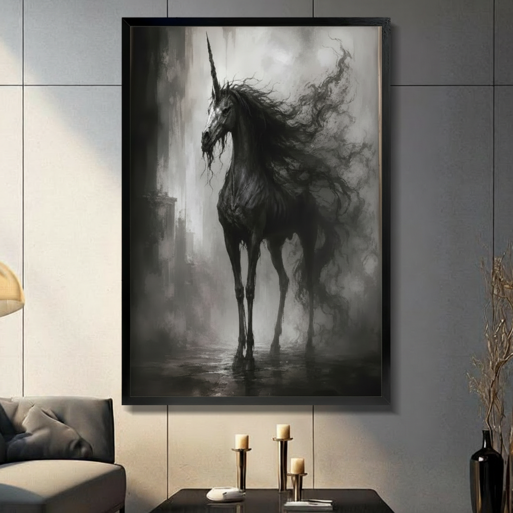 Gothic Dark Unicorn Misty Ruins Canvas Art Wall Art