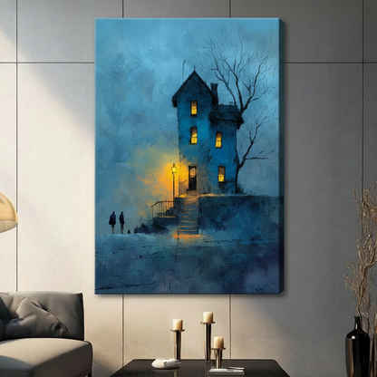 Moody Blue Night House Canvas Art Wall Art