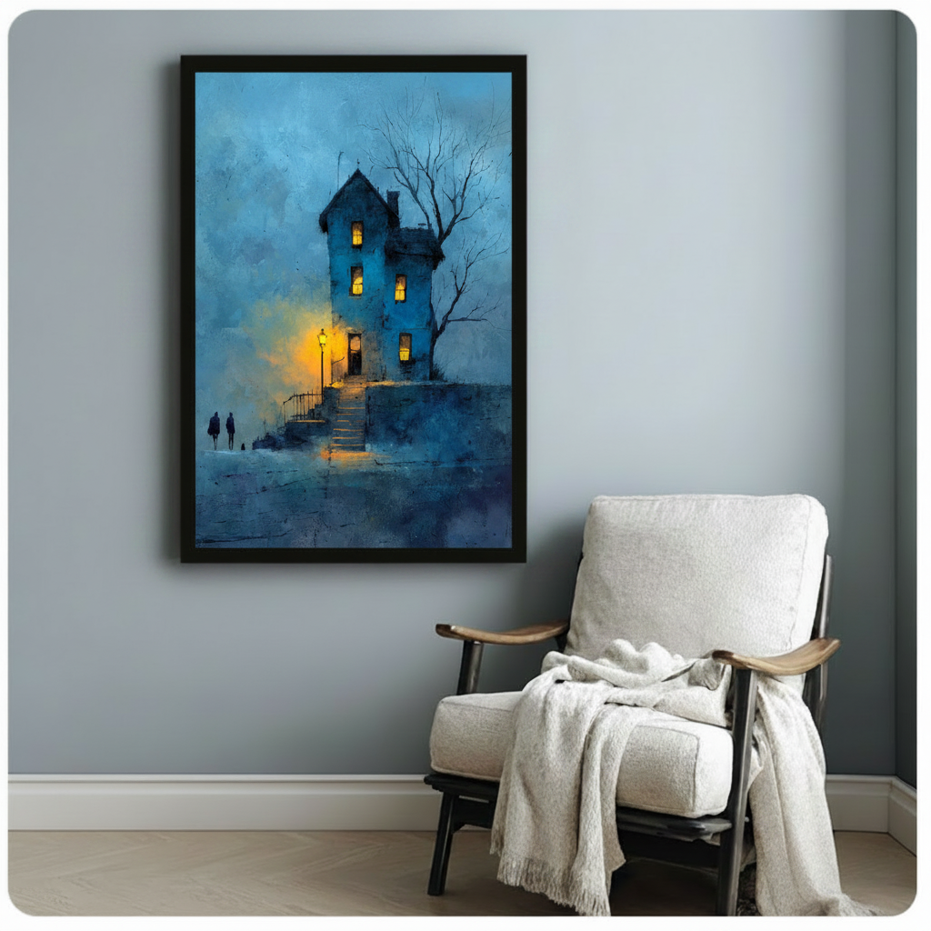 Moody Blue Night House Canvas Art Wall Art