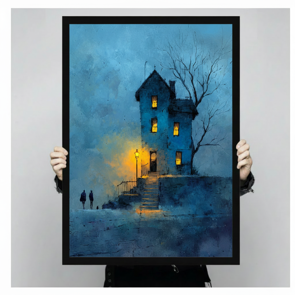 Moody Blue Night House Canvas Art Wall Art