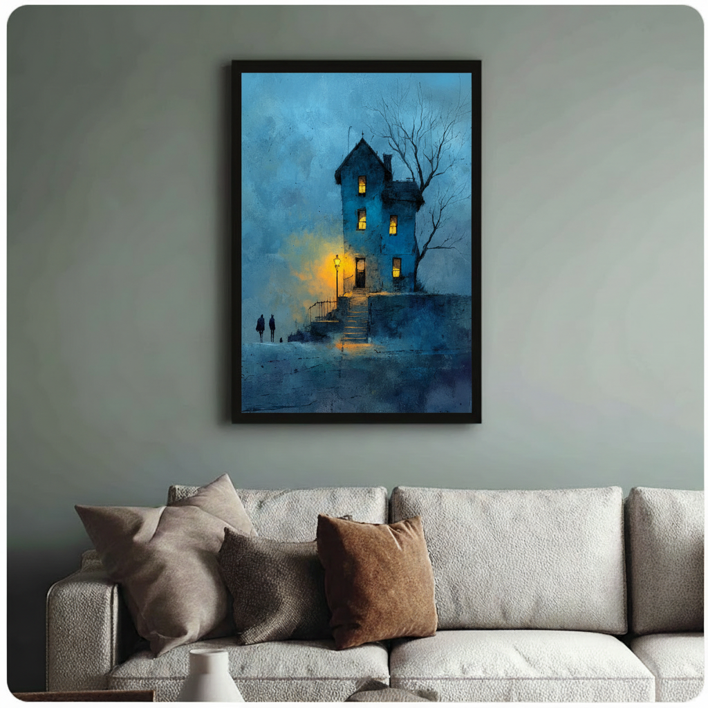 Moody Blue Night House Canvas Art Wall Art