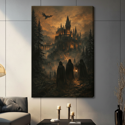 Dark Gothic Castle Cloaked Figures Canvas Wall Art