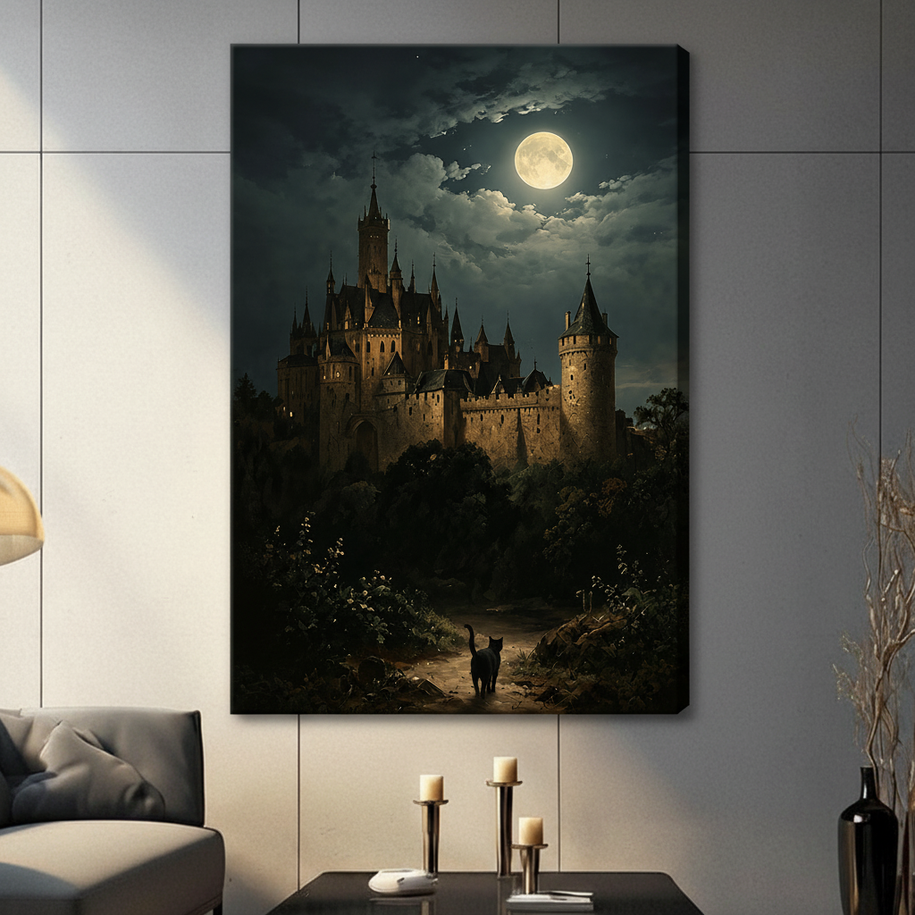 Gothic Castle Moonlit Night Black Cat Canvas Art