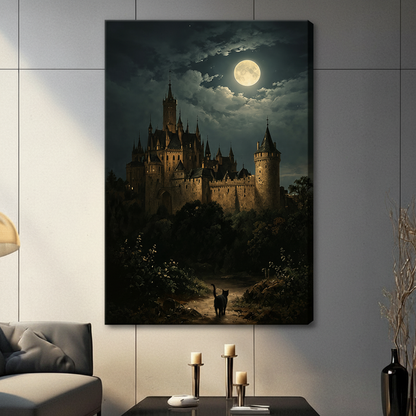 Gothic Castle Moonlit Night Black Cat Canvas Art