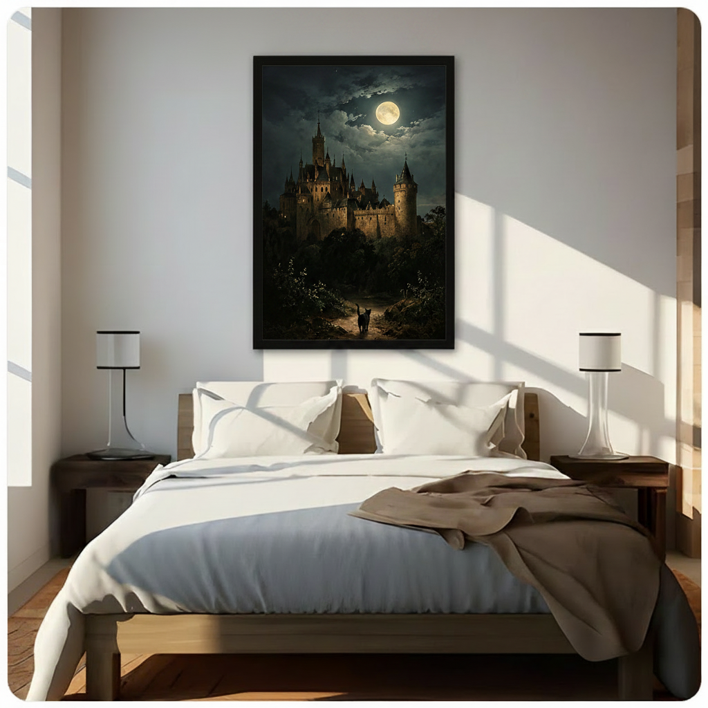 Gothic Castle Moonlit Night Black Cat Canvas Art