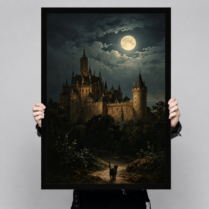 Gothic Castle Moonlit Night Black Cat Canvas Art