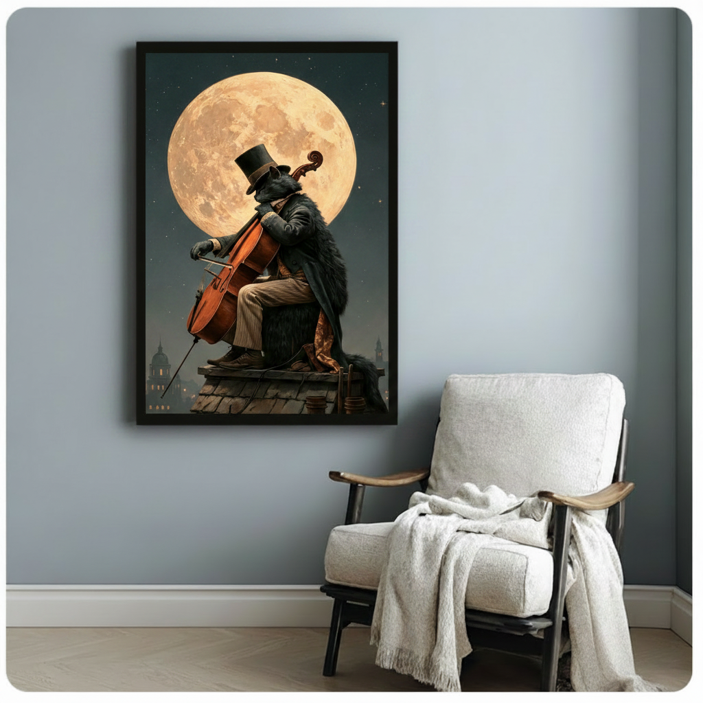 Moonlight Cat Cello Rooftop Canvas Art Wall Art