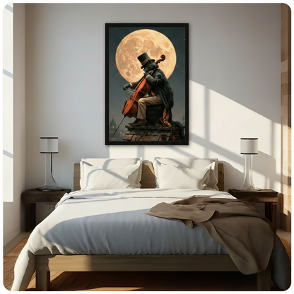 Moonlight Cat Cello Rooftop Canvas Art Wall Art