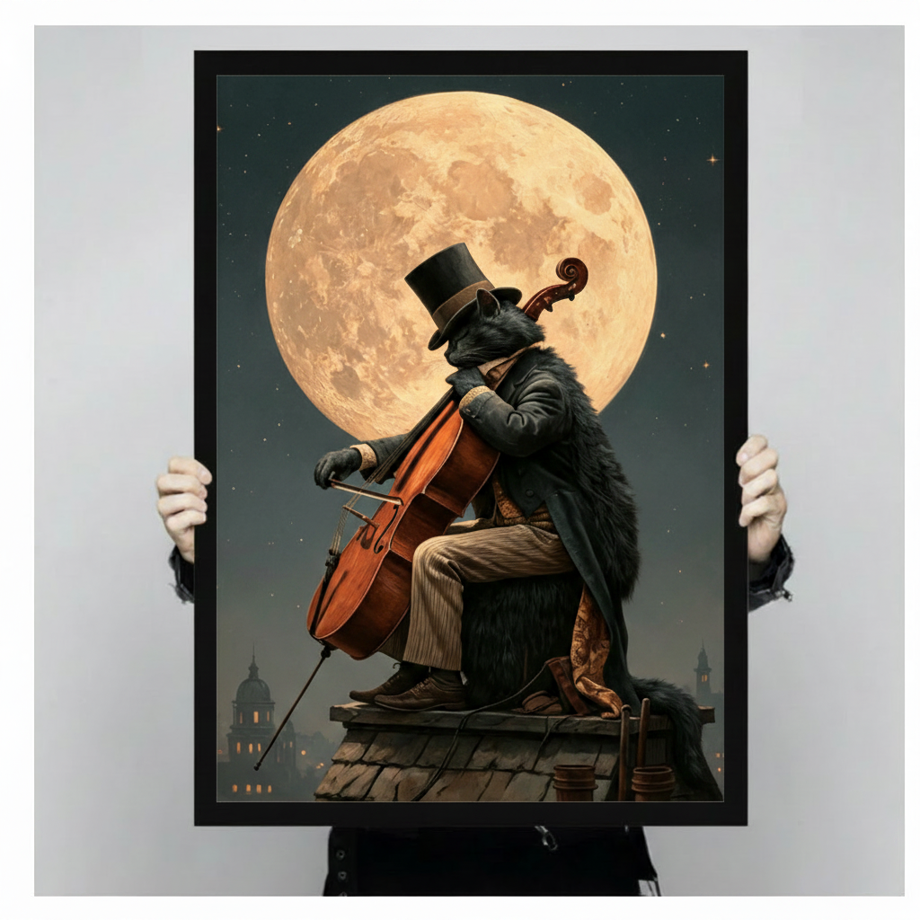 Moonlight Cat Cello Rooftop Canvas Art Wall Art