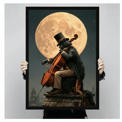 Moonlight Cat Cello Rooftop Canvas Art Wall Art