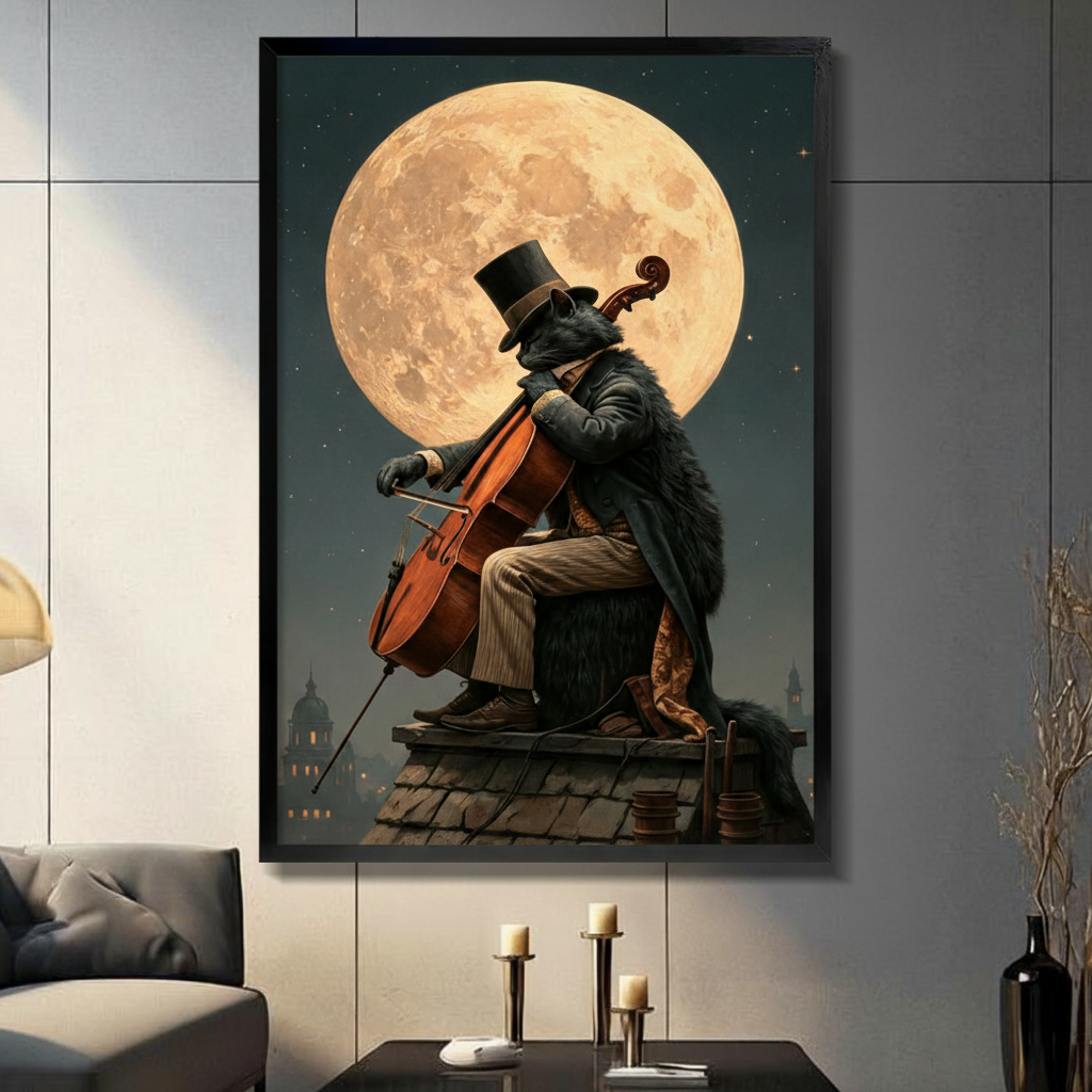 Moonlight Cat Cello Rooftop Canvas Art Wall Art
