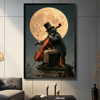 Moonlight Cat Cello Rooftop Canvas Art Wall Art