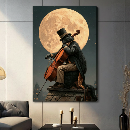 Moonlight Cat Cello Rooftop Canvas Art Wall Art