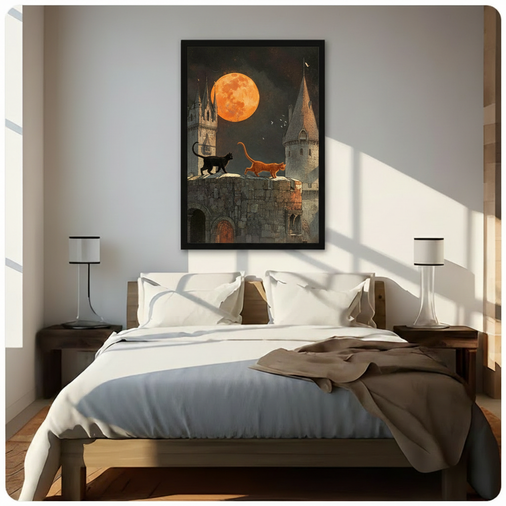 Gothic Castle Cats Moon Night Canvas Art Wall Art