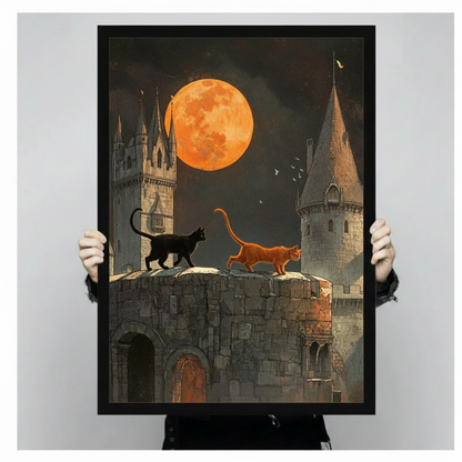 Gothic Castle Cats Moon Night Canvas Art Wall Art