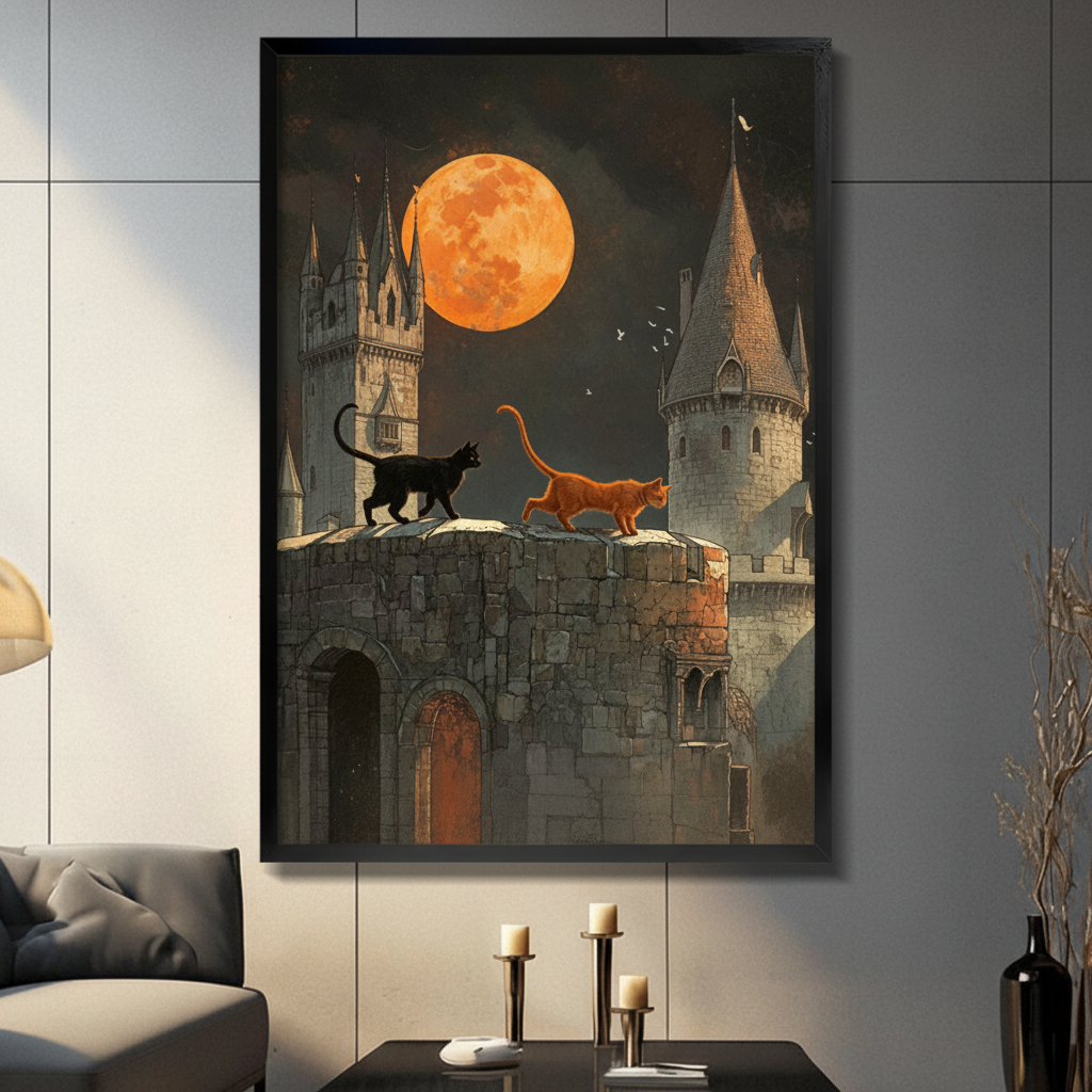 Gothic Castle Cats Moon Night Canvas Art Wall Art
