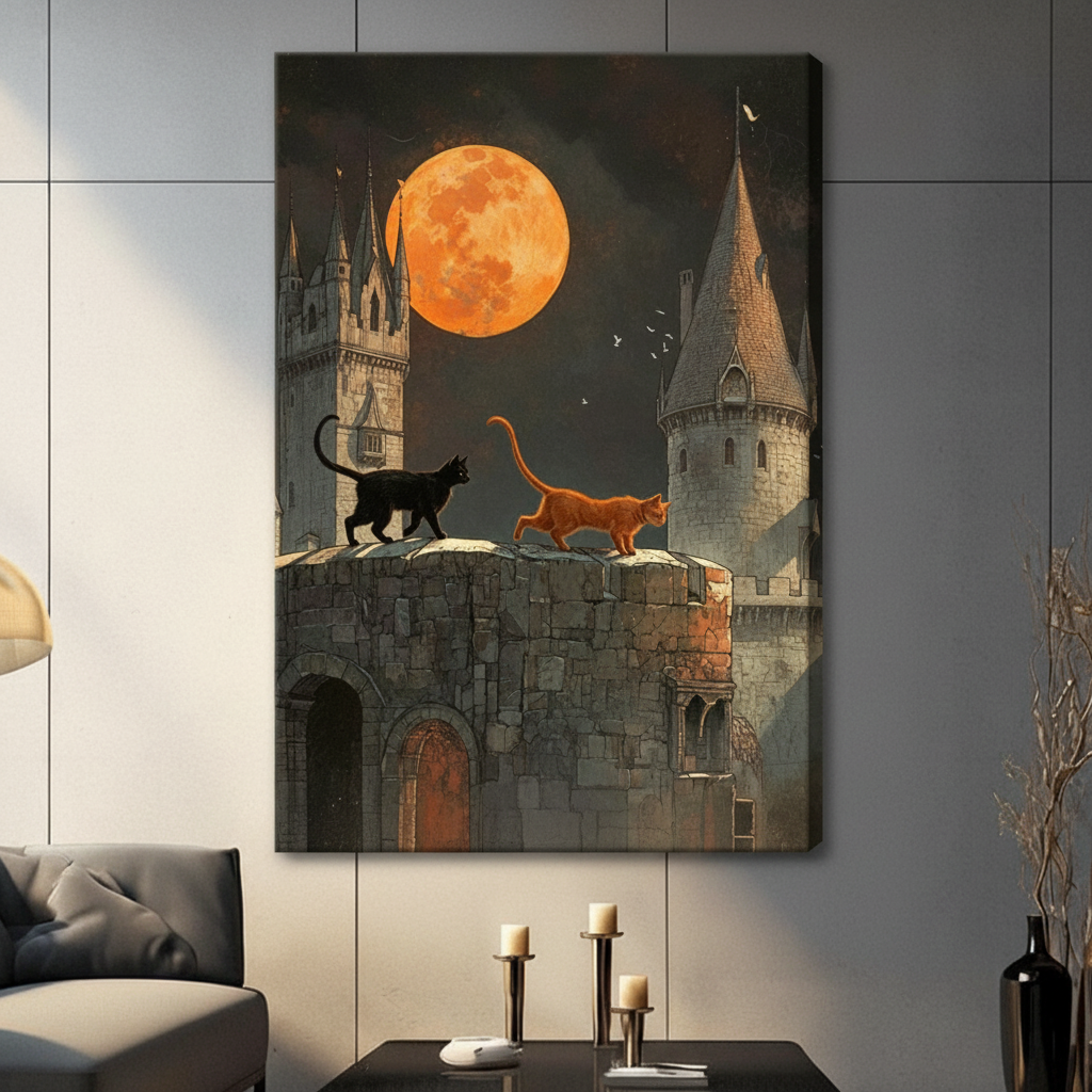 Gothic Castle Cats Moon Night Canvas Art Wall Art