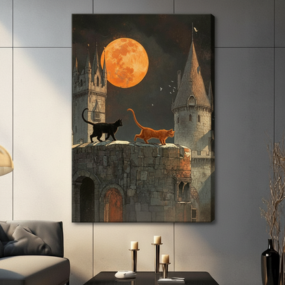 Gothic Castle Cats Moon Night Canvas Art Wall Art