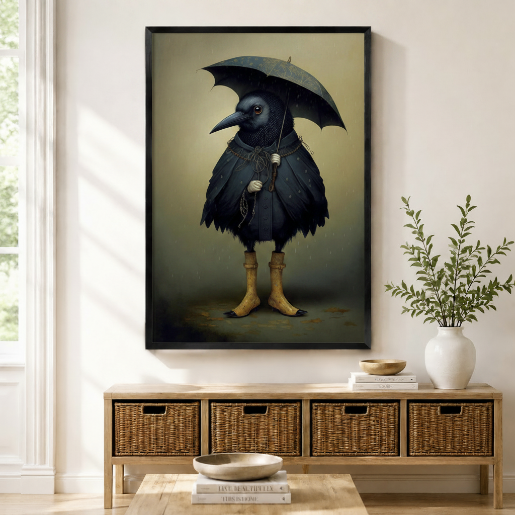 Gothic Crow Umbrella Whimsical Canvas Wall Art