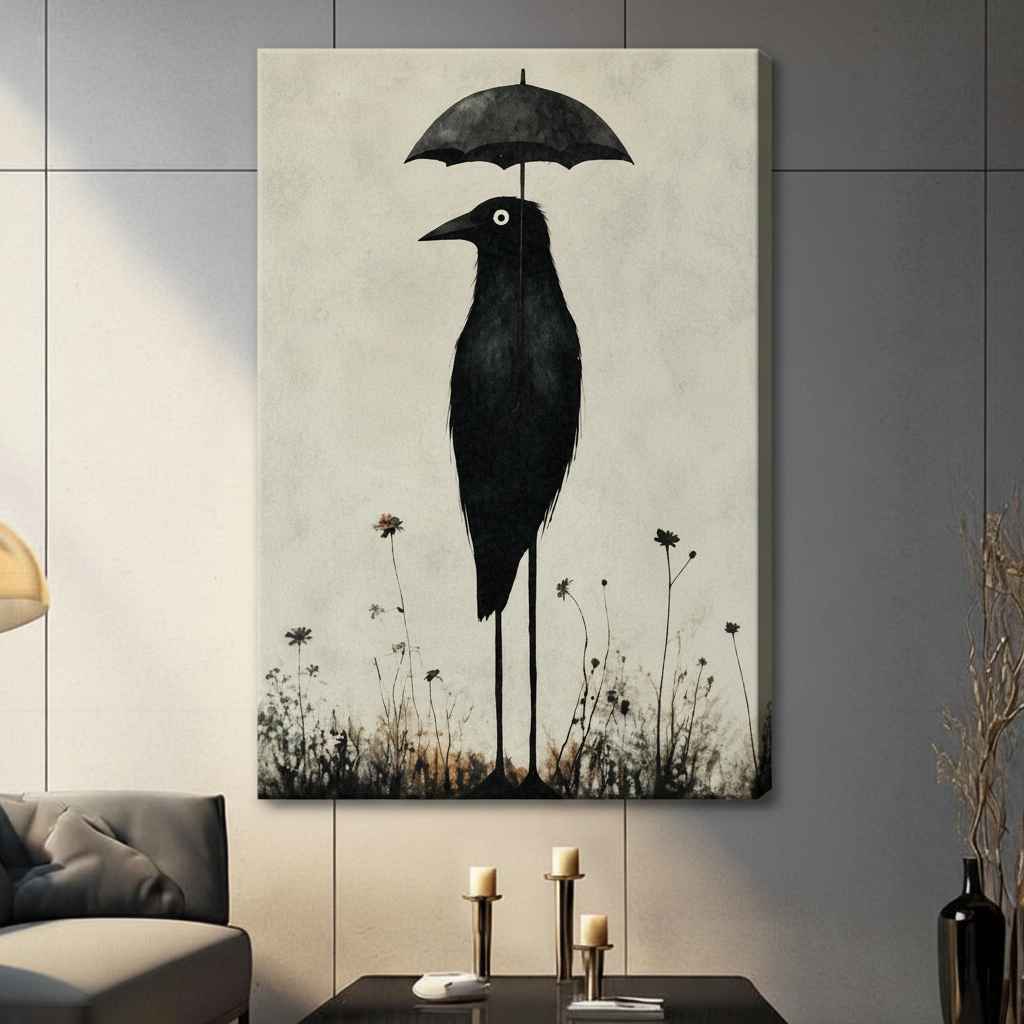Quirky Black Bird Umbrella Whimsical Canvas Art