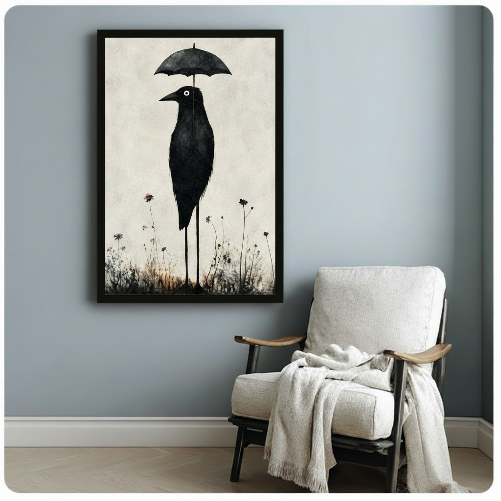 Quirky Black Bird Umbrella Whimsical Canvas Art