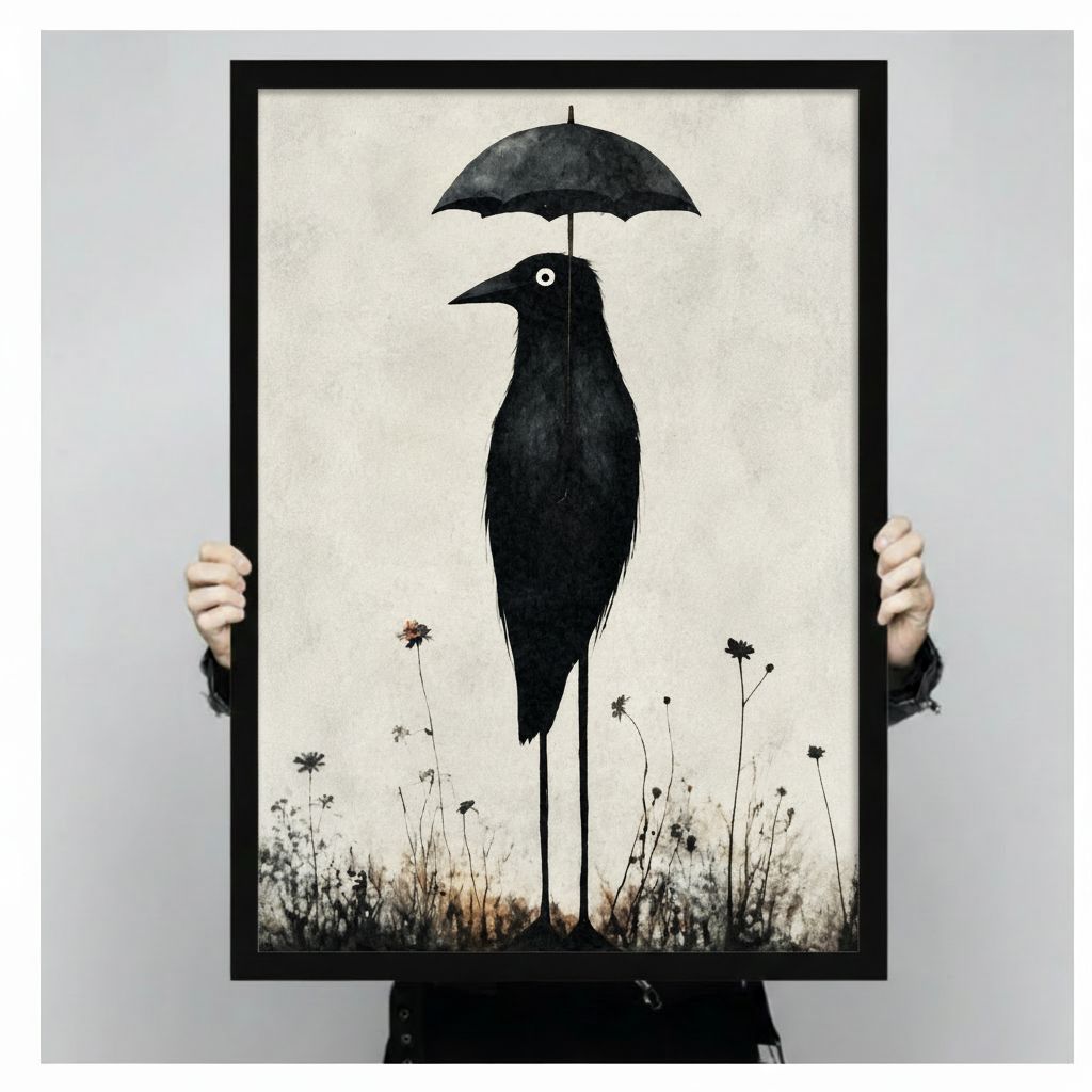 Quirky Black Bird Umbrella Whimsical Canvas Art