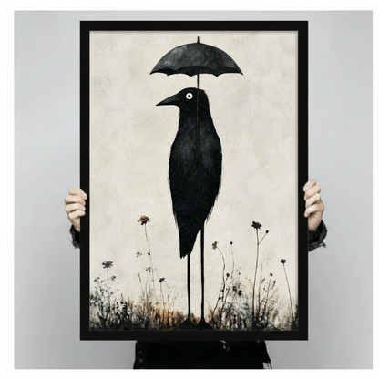 Quirky Black Bird Umbrella Whimsical Canvas Art