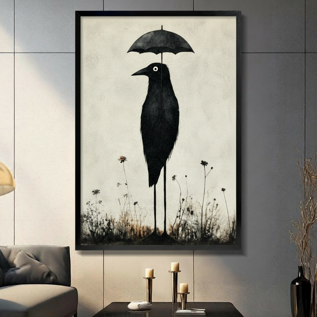 Quirky Black Bird Umbrella Whimsical Canvas Art