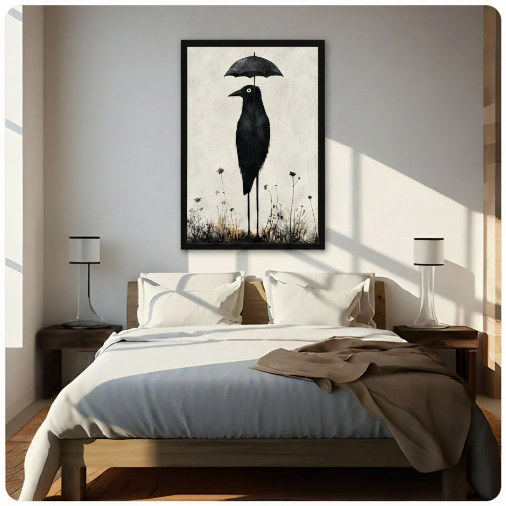 Quirky Black Bird Umbrella Whimsical Canvas Art