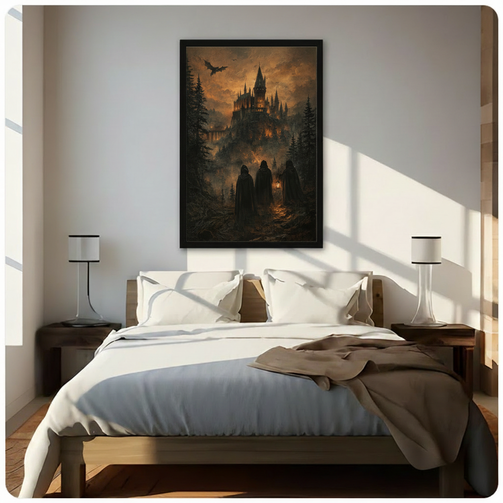 Dark Gothic Castle Cloaked Figures Canvas Wall Art