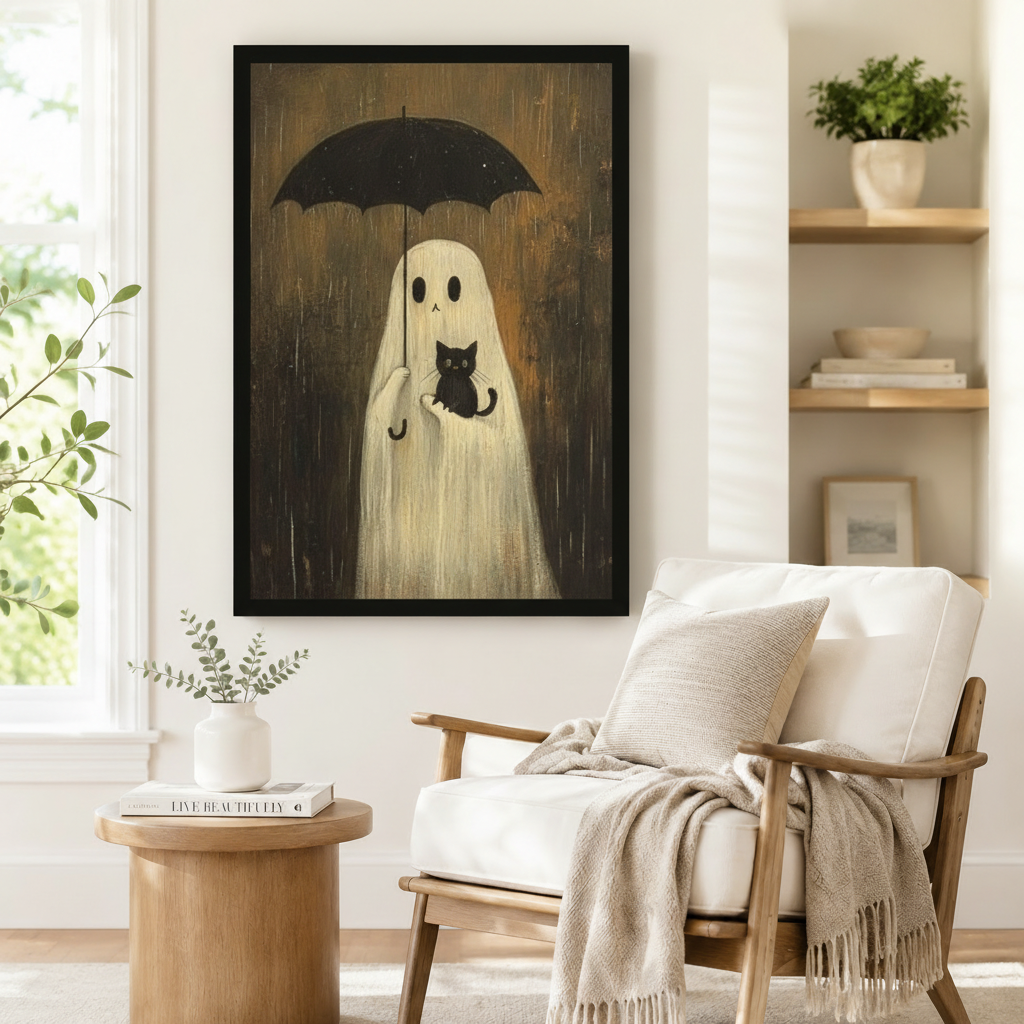Rainy Ghost Cat Cozy Canvas Wall Art