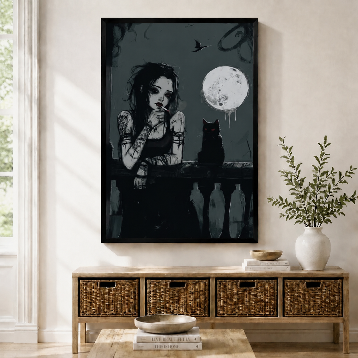Gothic Moon Black Cat Canvas Wall Art