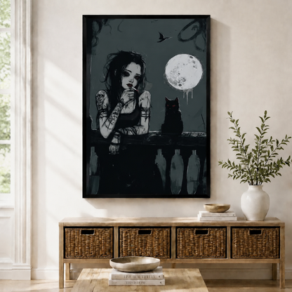 Gothic Moon Black Cat Canvas Wall Art