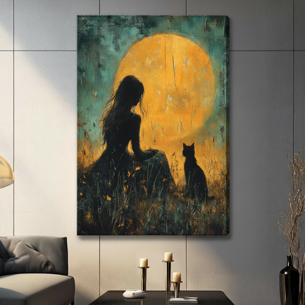 Girl Black Cat Moon Oil Painting Canvas Wall Art