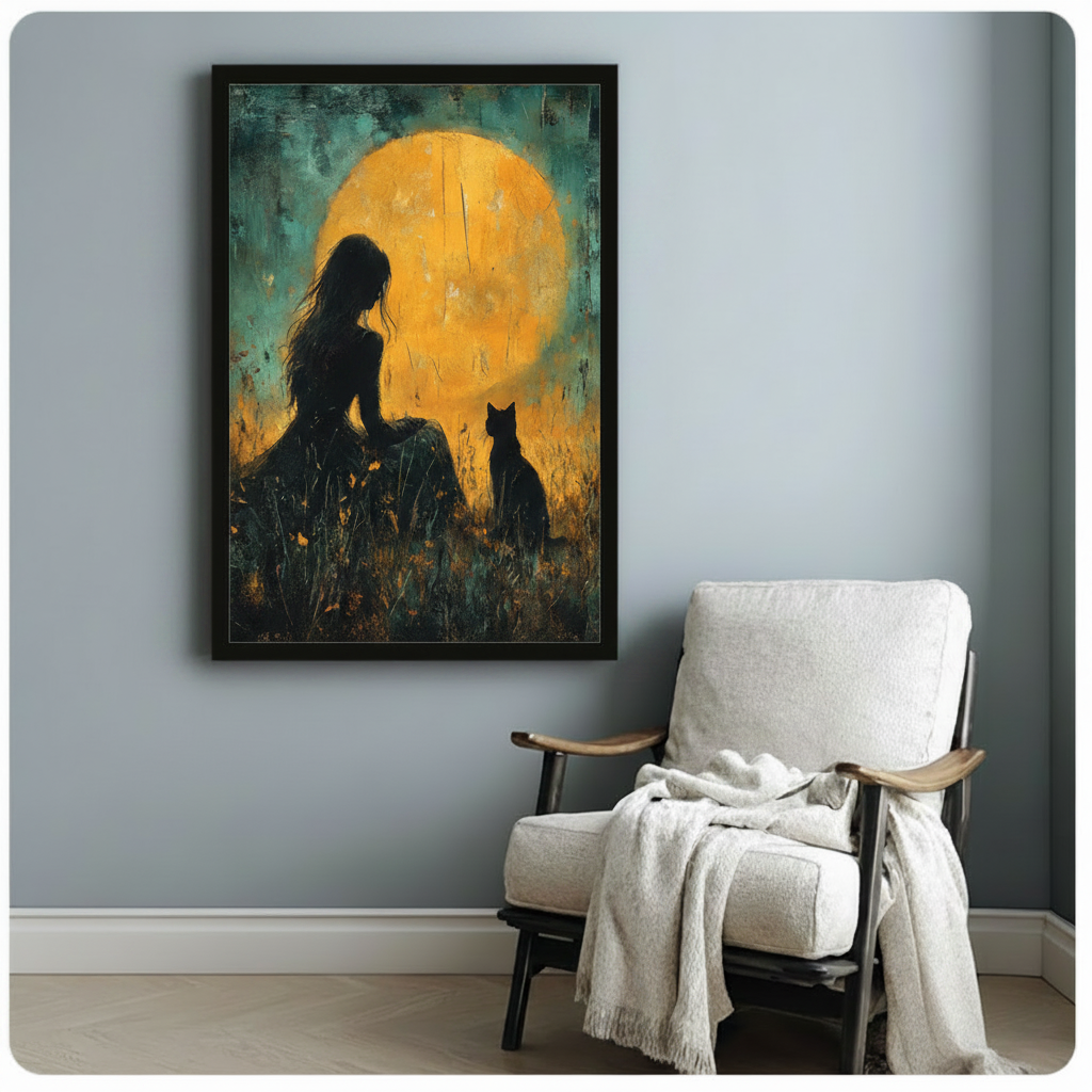 Girl Black Cat Moon Oil Painting Canvas Wall Art
