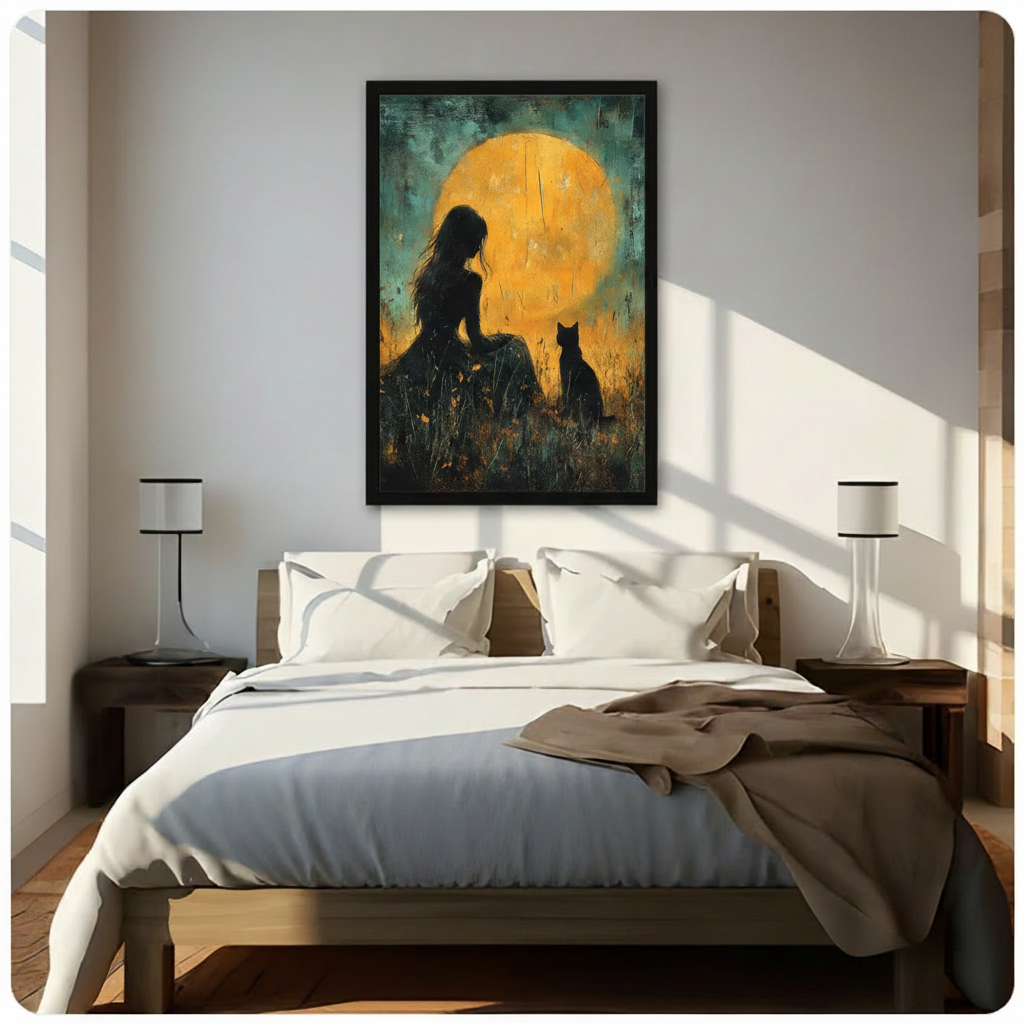 Girl Black Cat Moon Oil Painting Canvas Wall Art