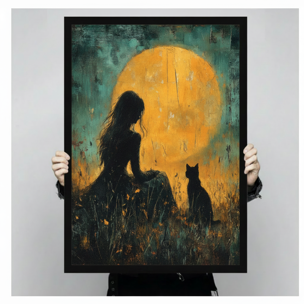 Girl Black Cat Moon Oil Painting Canvas Wall Art