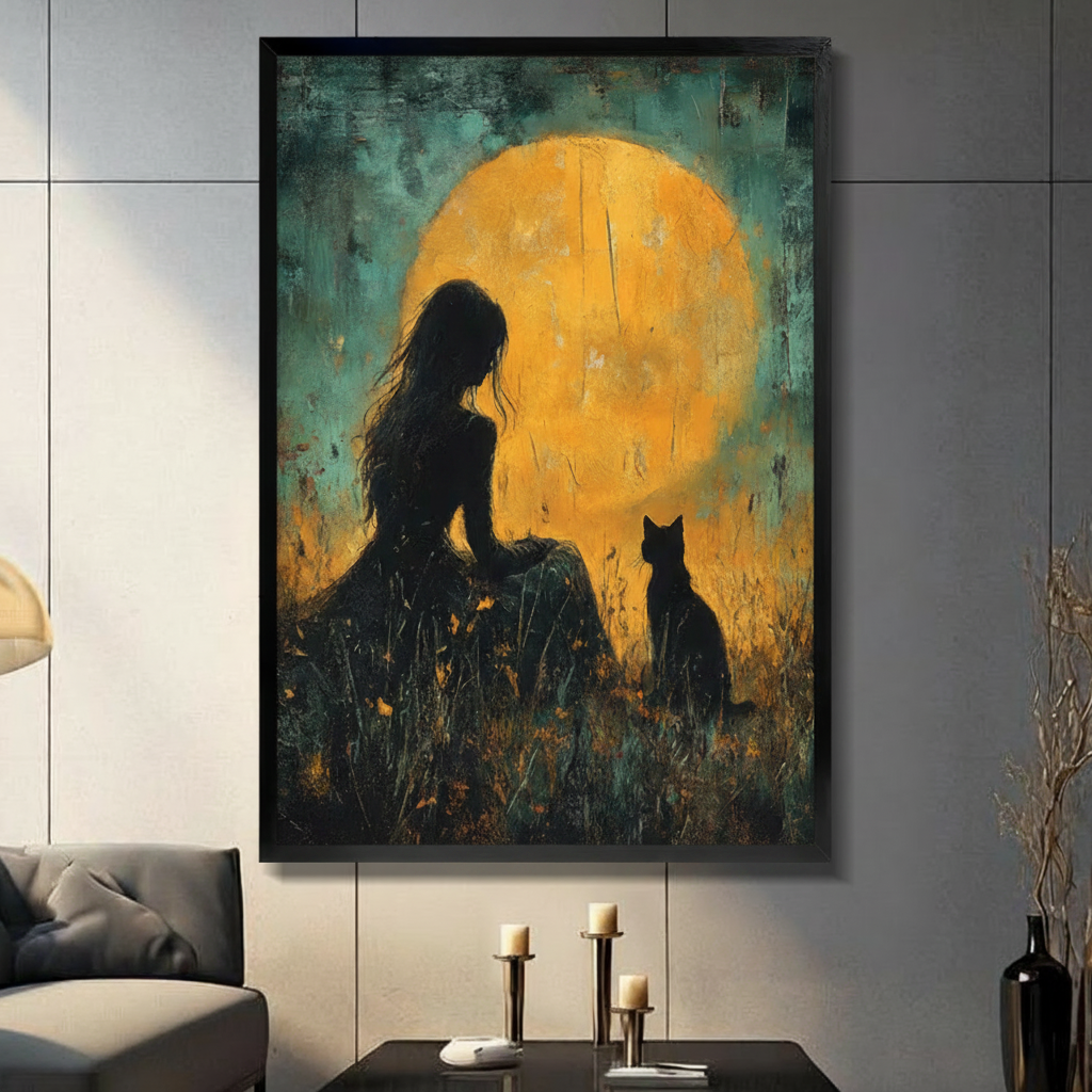 Girl Black Cat Moon Oil Painting Canvas Wall Art