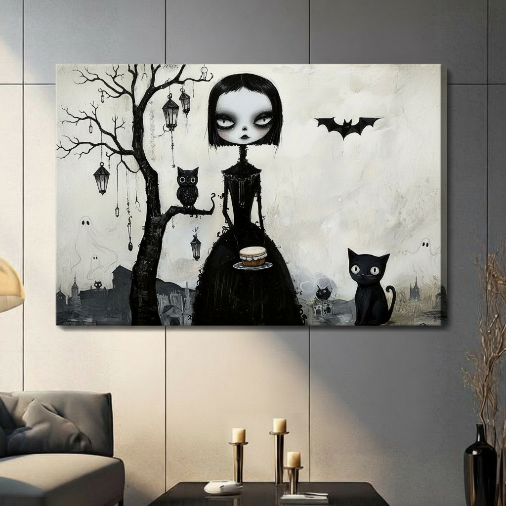 Gothic Girl Black Cat Whimsical Canvas Wall Art