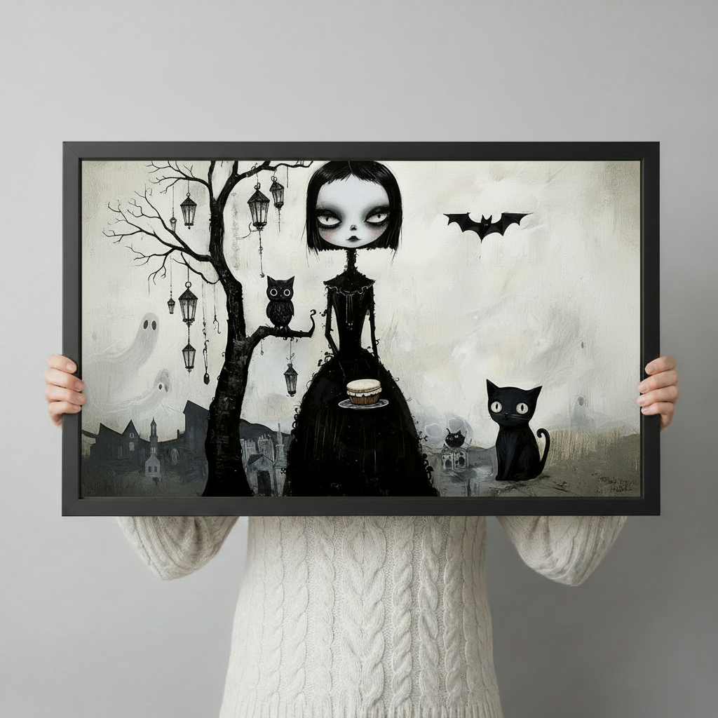 Gothic Girl Black Cat Whimsical Canvas Wall Art