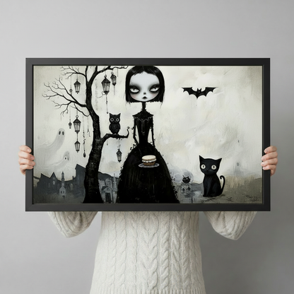 Gothic Girl Black Cat Whimsical Canvas Wall Art