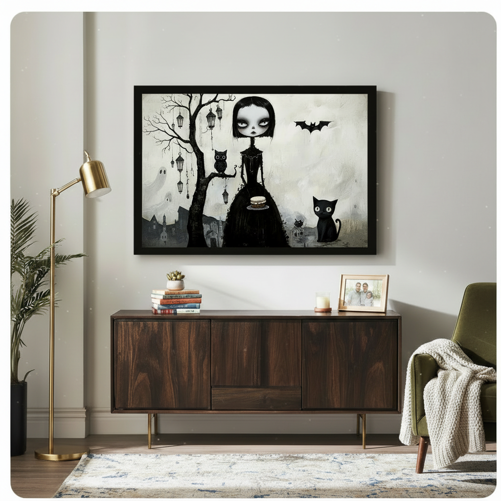 Gothic Girl Black Cat Whimsical Canvas Wall Art